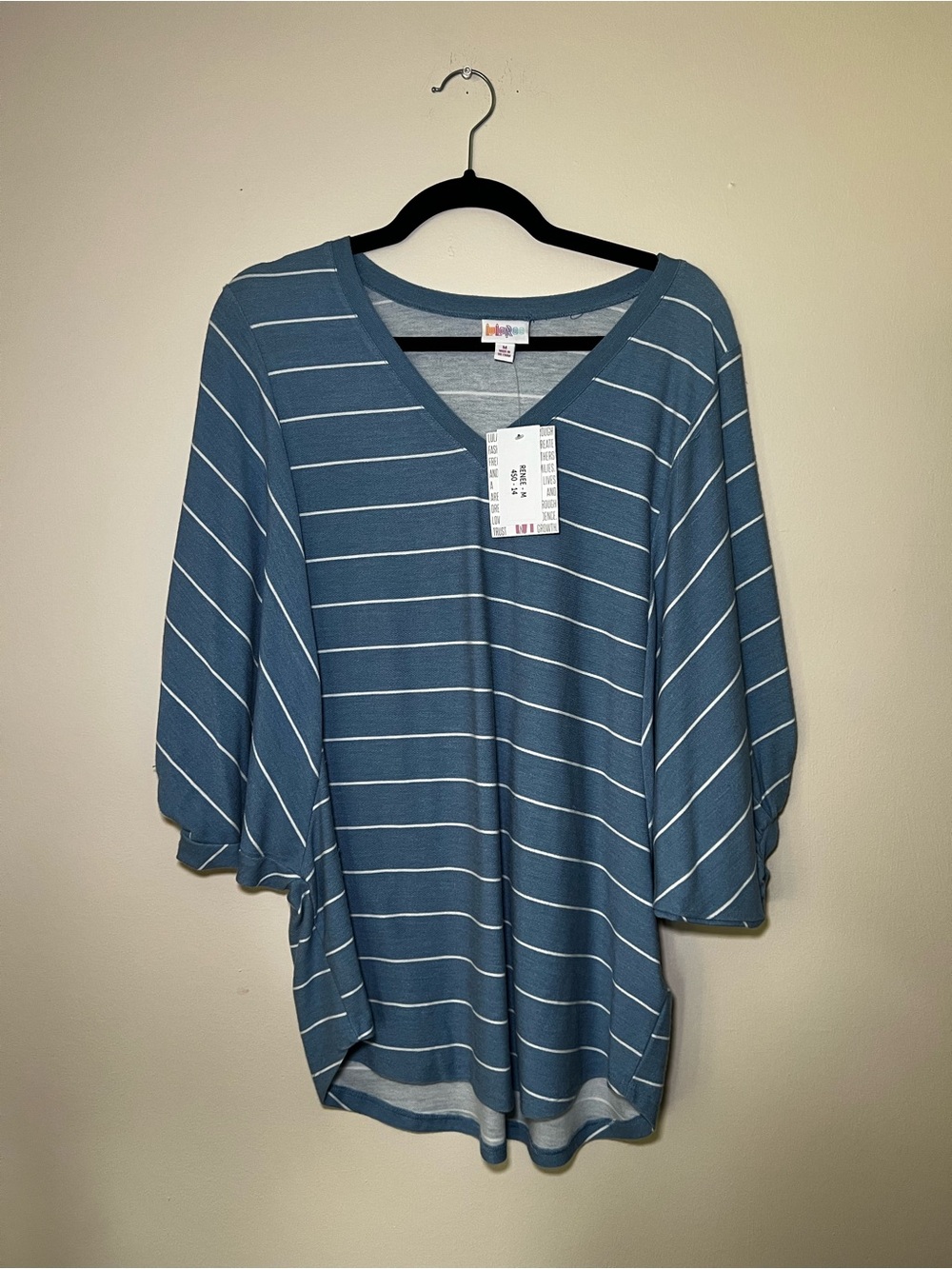 LuLaRoe Renee Blue and White Striped Balloon Sleeve Top